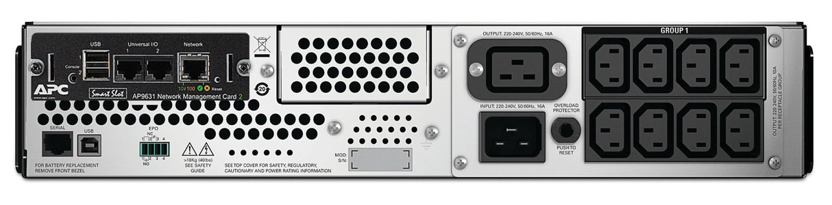 APC 230 V | 1.98 KW | 2.2 kVA | 50|60 Hz | RJ-45 | SmartSlot | USB | 480 x 683 x 86 mm | 42.22 kg (SMT2200RMI2UNC)