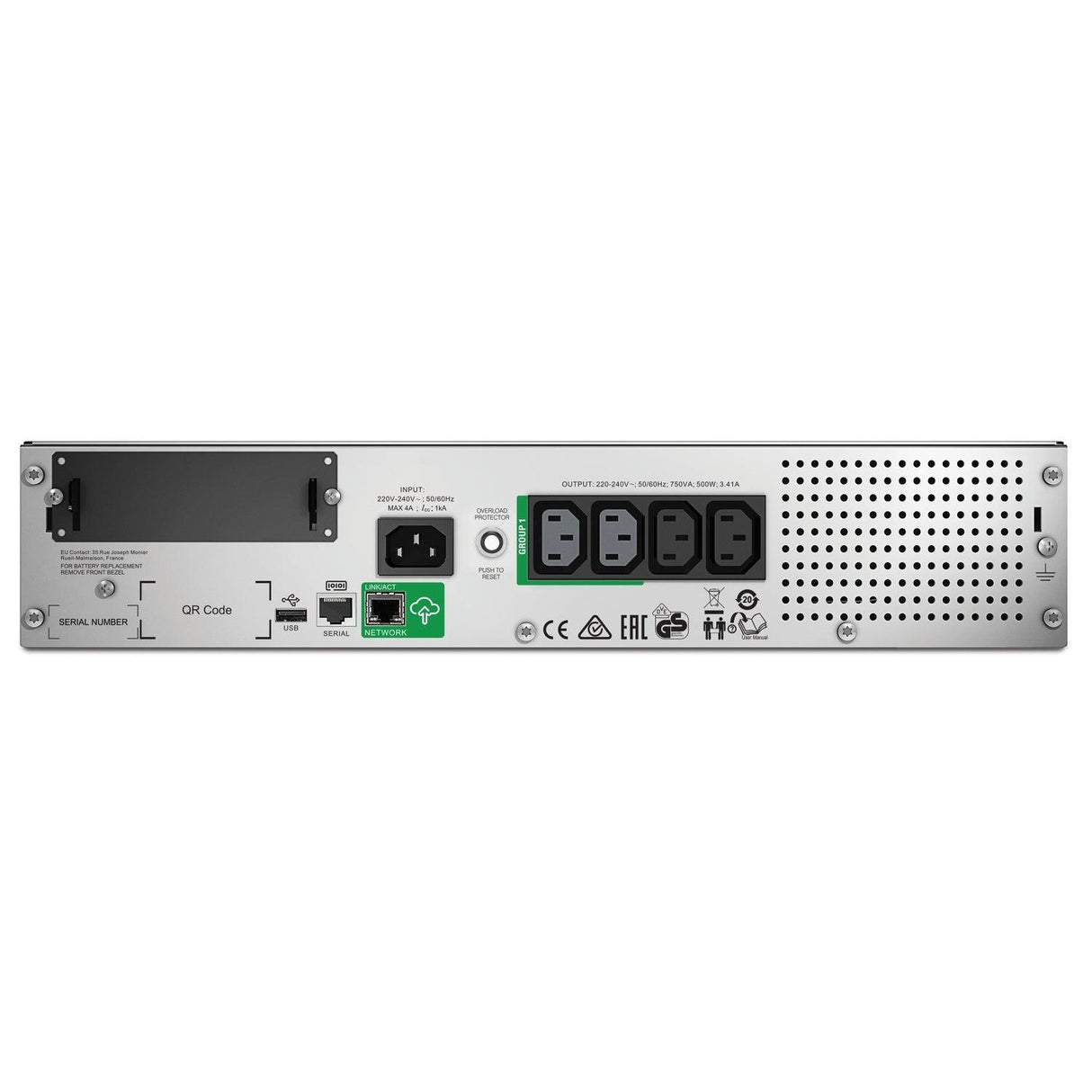 APC 2U | 500 W | 750 VA | 230V | IEC-320 C14 | 50|60Hz | RJ-45 Serial | SmartSlot | USB | 459Joules (SMT750RMI2UC)