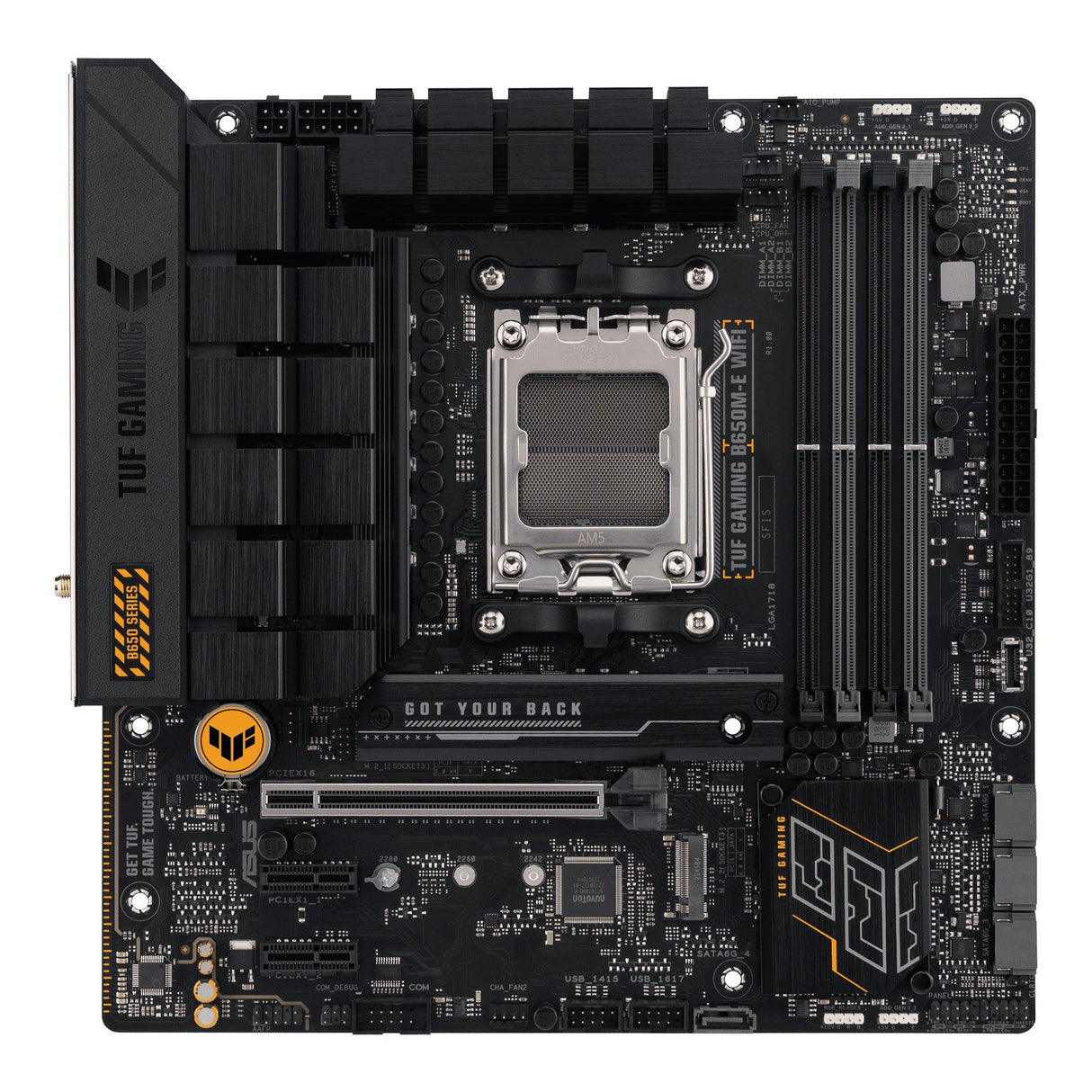 ASUS AMD B650 | AM5 | 4 x DIMM DDR5 | 802.11 a|b|g|n|ac|ax | Bluetooth 5.2 | 256 Mb Flash ROM | UEFI AMI BIOS | micro-ATX (TUF GAMING B650M-E WIFI)