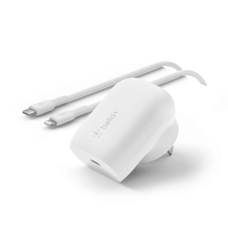 BELKIN 1 PORT BOOSTCHARGE 30W,USB-C PD, WALLCHARGER, INC USB-C TO LHTNING CABLE, WHITE