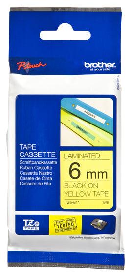 BROTHER 6mm Black on Yellow Laminated Tape | 8m (TZE-611)