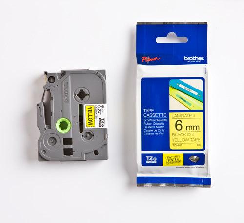 BROTHER 6mm Black on Yellow Laminated Tape | 8m (TZE-611)