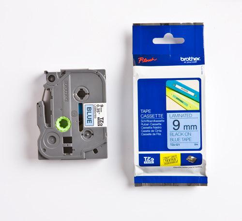 BROTHER 9mm Black on Blue Laminated Tape - 8m (TZE-521)
