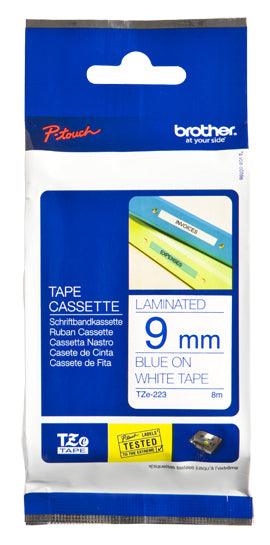 BROTHER 9mm Blue on White Laminated Tape - 8mm (TZE-223)