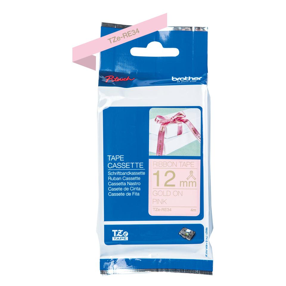 BROTHER Genuine Ribbon Tape Cassette | Gold on Pink | 12mm wide (TZE-RE34)