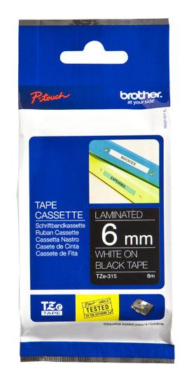 BROTHER TZe-315 - 6 mm white on black tape | 8m (TZE-315)