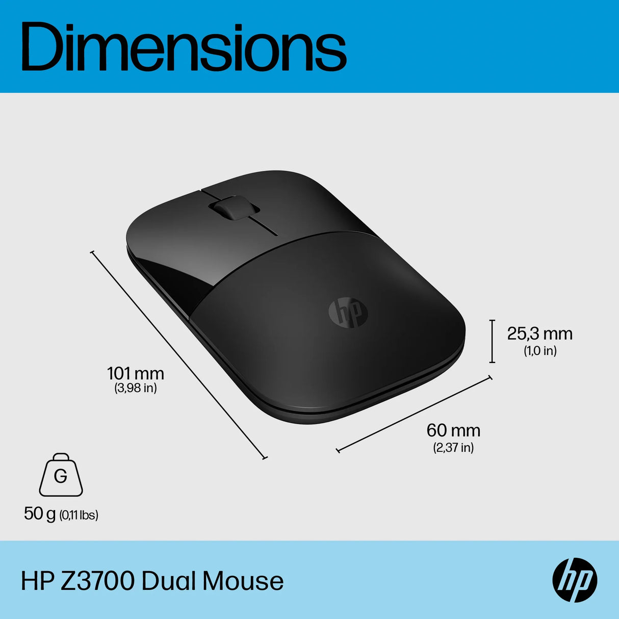 HP Z3700 – Wireless (Bluetooth + 2.4GHz) / 1200 DPI / Lightweight – Travel Wireless Mouse