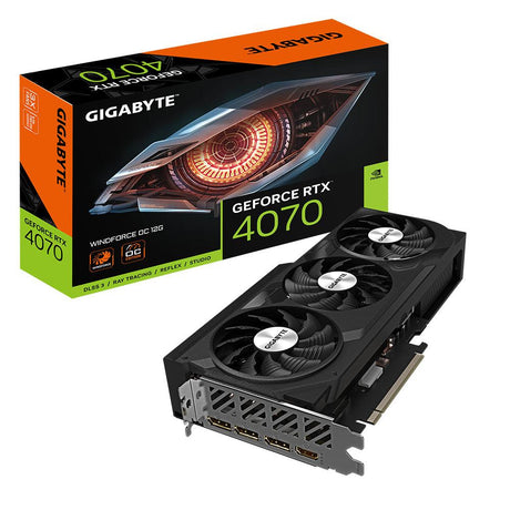 GIGABYTE GeForce RTX 4070 |2490 MHz | 5888 CC | 21 Gbps | 12 GB | GDDR6X | 192 bit | PCI-E 4.0 | 7680x4320 | Multi-view | 650W (GV-N4070WF3OC-12GD) GIGABYTE