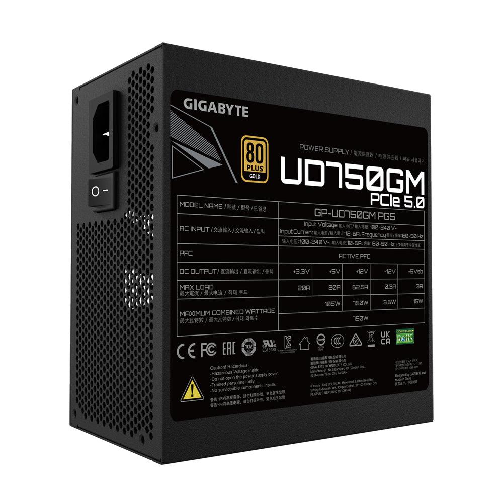 GIGABYTE Active PFC | 100-240 Vac | 12-6A | 60-50 Hz | 750W | 120mm Hydraulic Bearing(HYB)fan | 80 PLUS Gold (GP-UD750GM PG5)