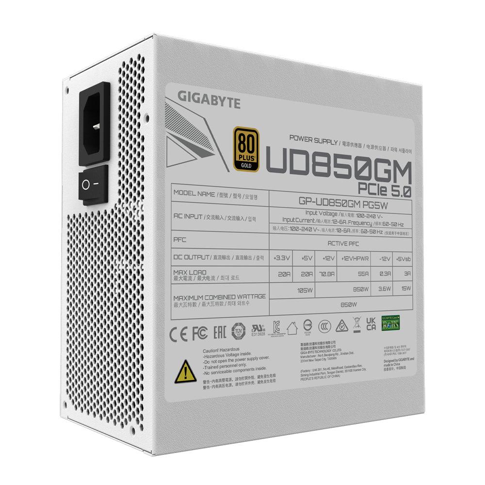 GIGABYTE Active PFC | 100-240 Vac | 12-6A | 60-50 Hz | 750W | 120mm Hydraulic Bearing(HYB)fan | 80 PLUS Gold (GP-UD850GM PG5W)