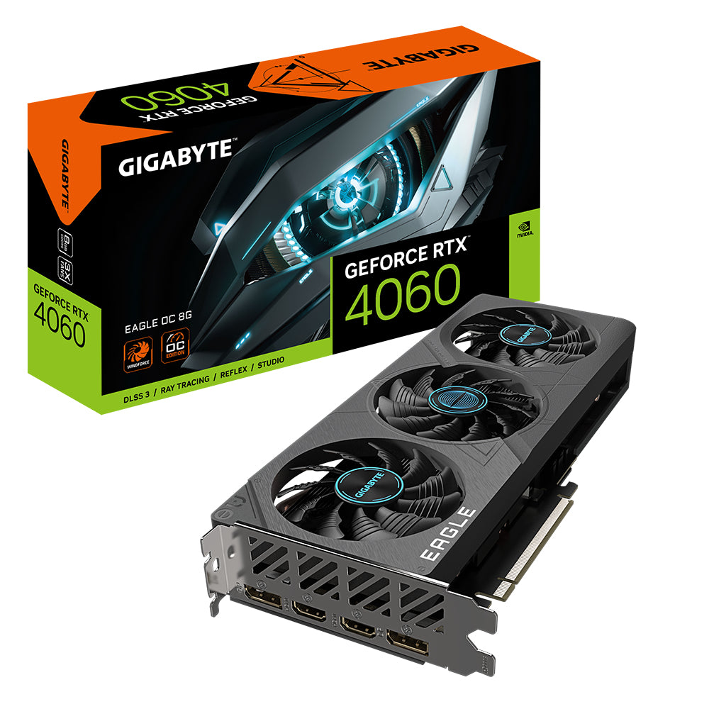 GIGABYTE NVIDIA GeForce RTX 4060 | 2505MHz | 8GB GDDR6 | 128 bit | PCI Express 4.0 | 2 x HDMI (2.1a) | 2 x DP (1.4a) | CUDA | DirectX 12 Ultimate | OpenGL 4.6 (GV-N4060EAGLE OC-8GD)