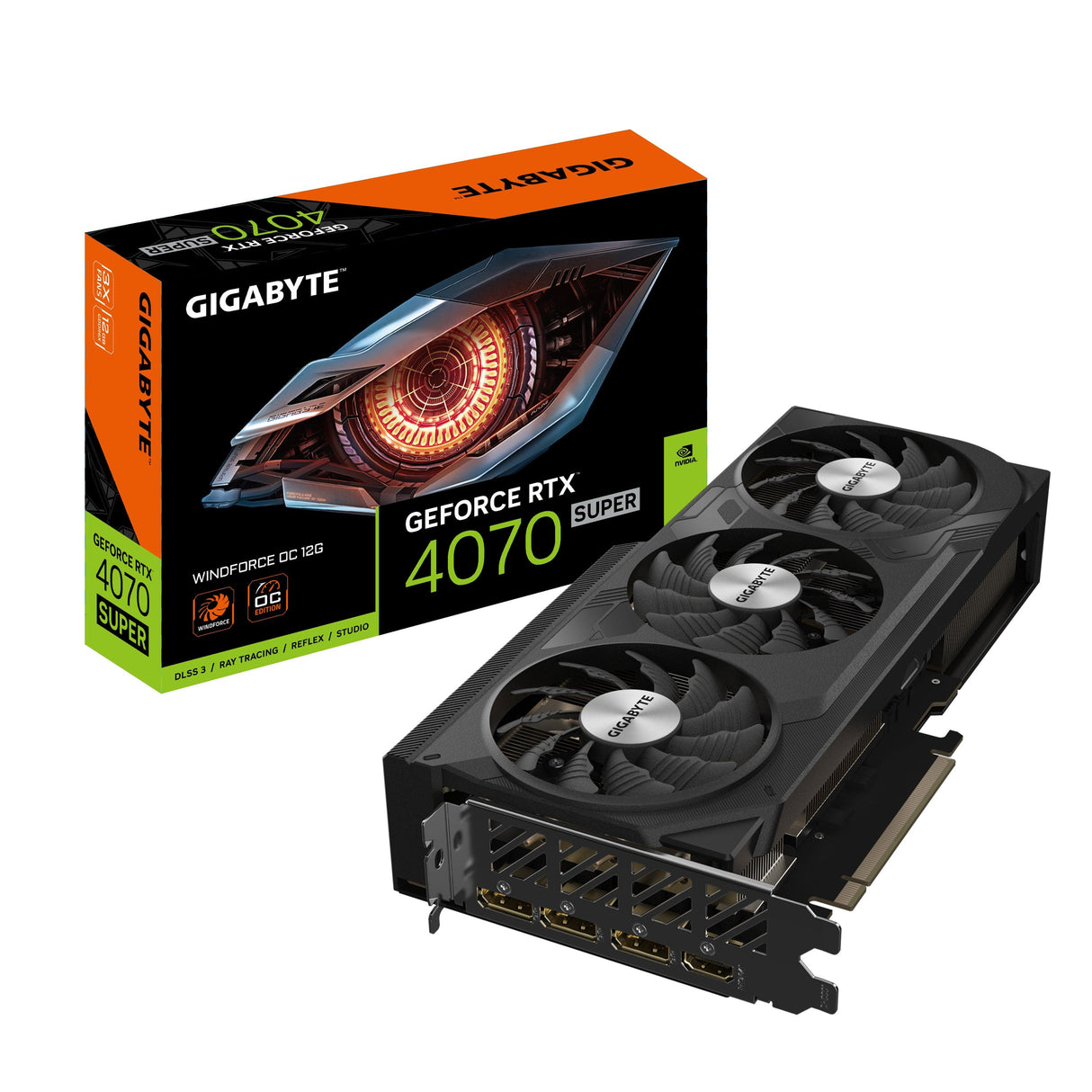 GIGABYTE NVIDIA GeForce RTX 4070 SUPER | 12GB GDDR6X | 192 bit | 21000MHz | PCI Express 4.0 | 1 x HDMI (2.1a) | 3 x DP (1.4a) | CUDA | DirectX 12 Ultimate | OpenGL 4.6 (GV-N407SWF3OC-12GD)