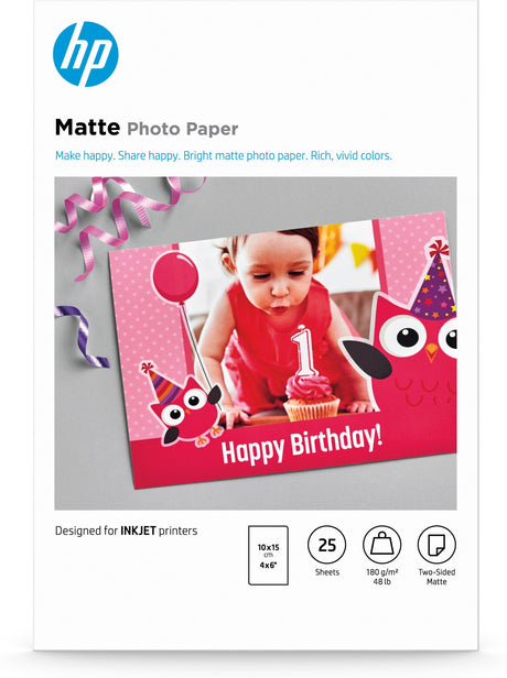 HP Matte Photo Paper | 180 g|m2 | 10 x 15 cm (101 x 152 mm) | 25 sheets (7HF70A)