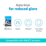 HP Matte Photo Paper | 180 g|m2 | 10 x 15 cm (101 x 152 mm) | 25 sheets (7HF70A)