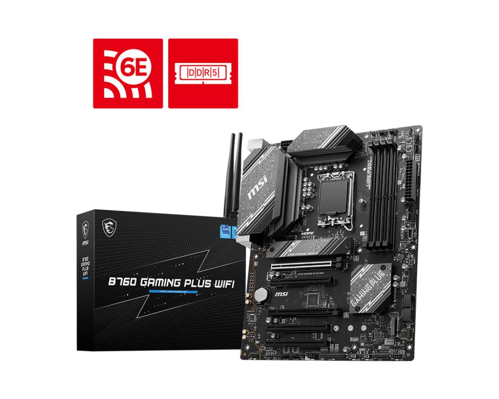 MSI INTEL B760 | DDR5 max 192GB | CPU Socket LGA 1700 | 2x PCIe 4.0 x16 | 3x PCIe 3.0 x1 2.1 | DisplayPort 1.4 | M.2 Gen4 | SATA 6Gbps | 2.5Gbps LAN | Wi-Fi 6E | Bluetooth 5.3 (B760 GAMING PLUS WIFI)