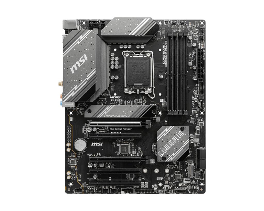 MSI INTEL B760 | DDR5 max 192GB | CPU Socket LGA 1700 | 2x PCIe 4.0 x16 | 3x PCIe 3.0 x1 2.1 | DisplayPort 1.4 | M.2 Gen4 | SATA 6Gbps | 2.5Gbps LAN | Wi-Fi 6E | Bluetooth 5.3 (B760 GAMING PLUS WIFI)