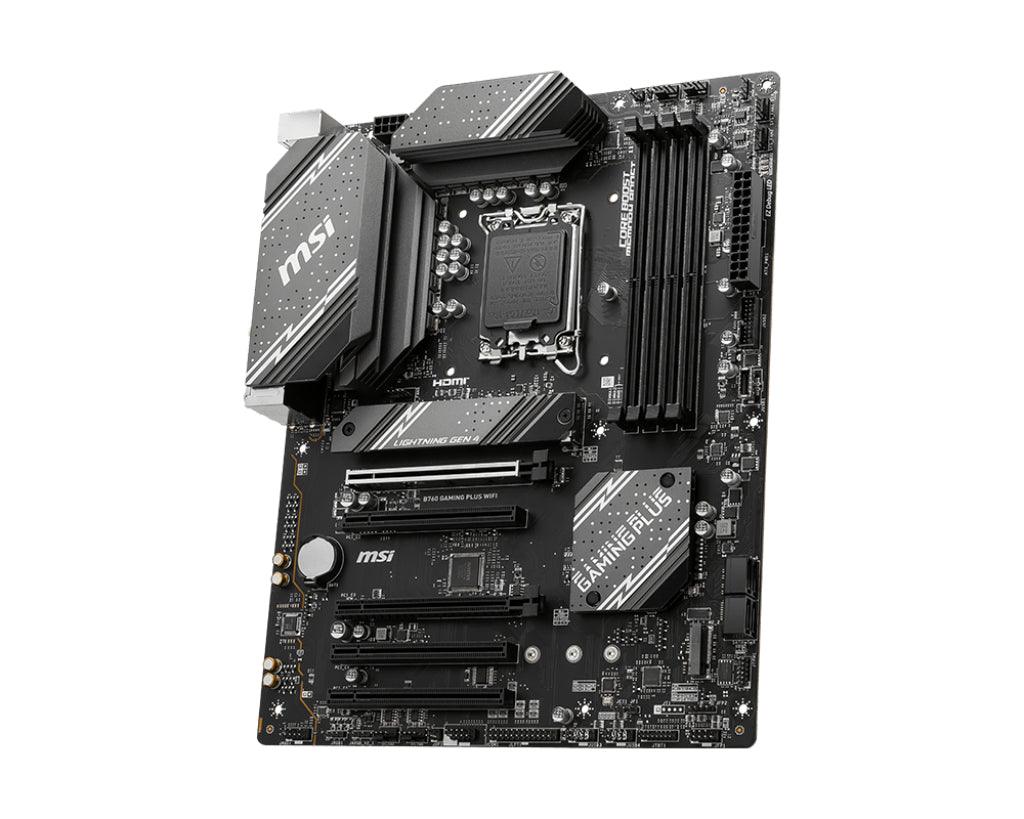 MSI INTEL B760 | DDR5 max 192GB | CPU Socket LGA 1700 | 2x PCIe 4.0 x16 | 3x PCIe 3.0 x1 2.1 | DisplayPort 1.4 | M.2 Gen4 | SATA 6Gbps | 2.5Gbps LAN | Wi-Fi 6E | Bluetooth 5.3 (B760 GAMING PLUS WIFI)