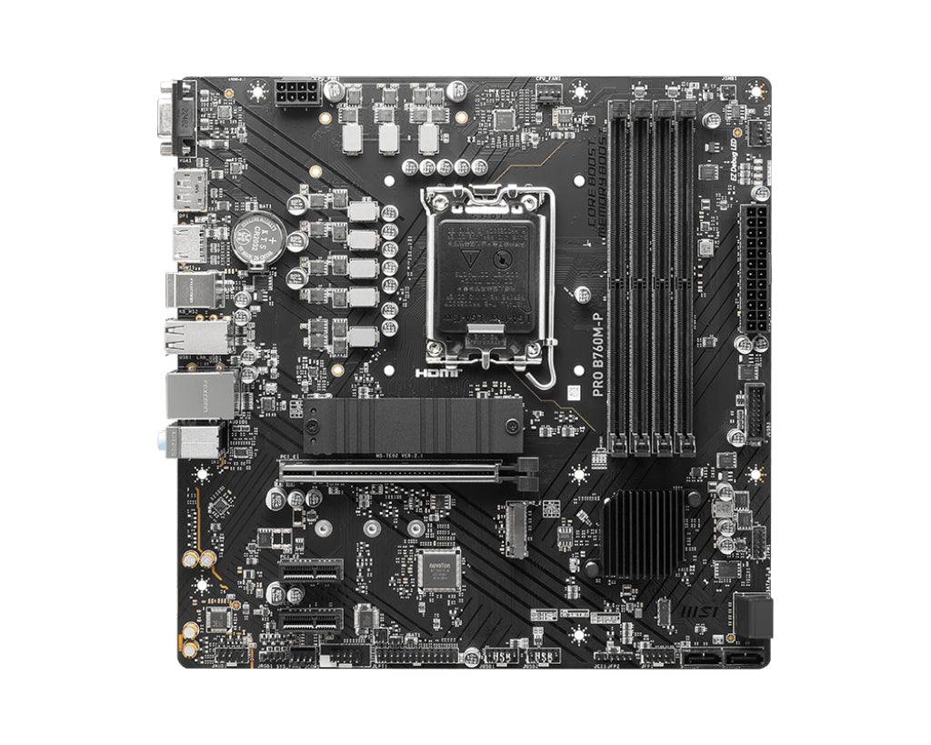 MSI mATX | Intel B760 | LGA 1700 | 12th|13th Gen Intel Core|Pentium Gold|Celeron | 4x DDR5 slots | 192GB Max | 2 x M.2 2280|2260|2242 | 4 x SATA III | Gigabit Ethernet | HDM 1.4 | DisplayPort 1.4 | VGA | 7.1 HD Audio (PRO B760M-P)