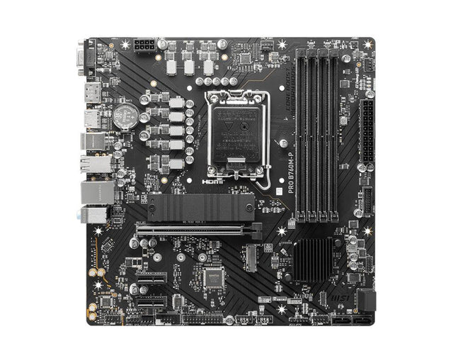 MSI mATX | Intel B760 | LGA 1700 | 12th|13th Gen Intel Core|Pentium Gold|Celeron | 4x DDR5 slots | 192GB Max | 2 x M.2 2280|2260|2242 | 4 x SATA III | Gigabit Ethernet | HDM 1.4 | DisplayPort 1.4 | VGA | 7.1 HD Audio (PRO B760M-P)