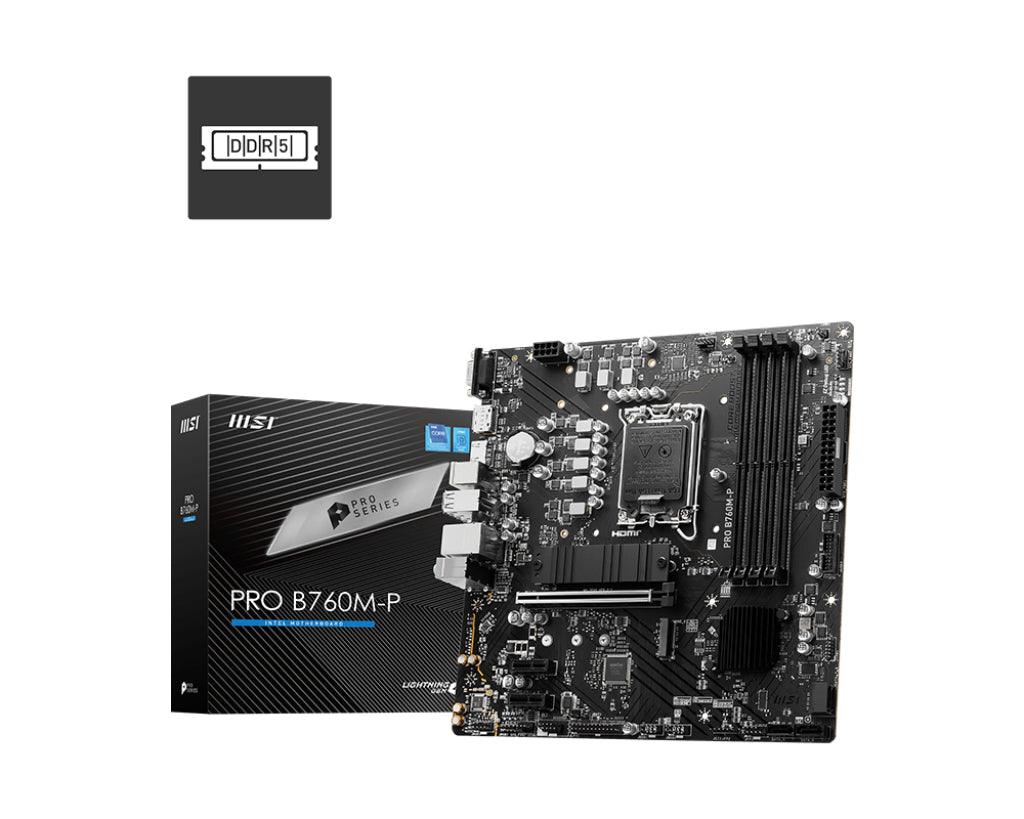 MSI mATX | Intel B760 | LGA 1700 | 12th|13th Gen Intel Core|Pentium Gold|Celeron | 4x DDR5 slots | 192GB Max | 2 x M.2 2280|2260|2242 | 4 x SATA III | Gigabit Ethernet | HDM 1.4 | DisplayPort 1.4 | VGA | 7.1 HD Audio (PRO B760M-P)