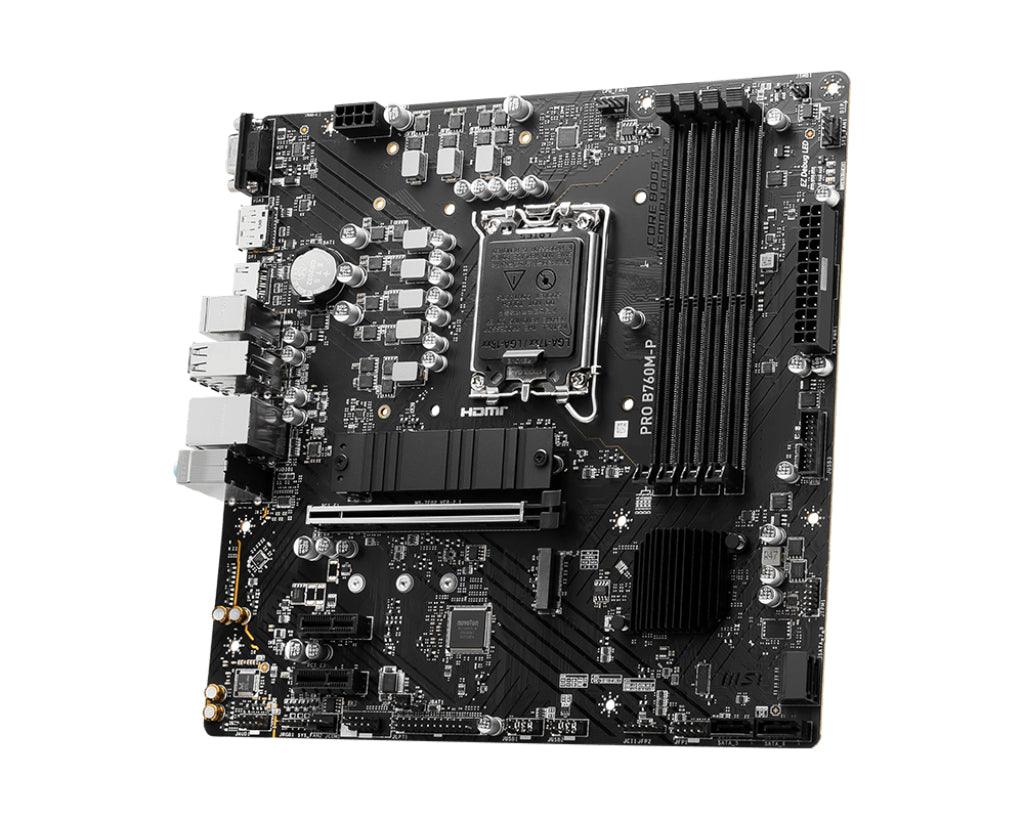 MSI mATX | Intel B760 | LGA 1700 | 12th|13th Gen Intel Core|Pentium Gold|Celeron | 4x DDR5 slots | 192GB Max | 2 x M.2 2280|2260|2242 | 4 x SATA III | Gigabit Ethernet | HDM 1.4 | DisplayPort 1.4 | VGA | 7.1 HD Audio (PRO B760M-P)
