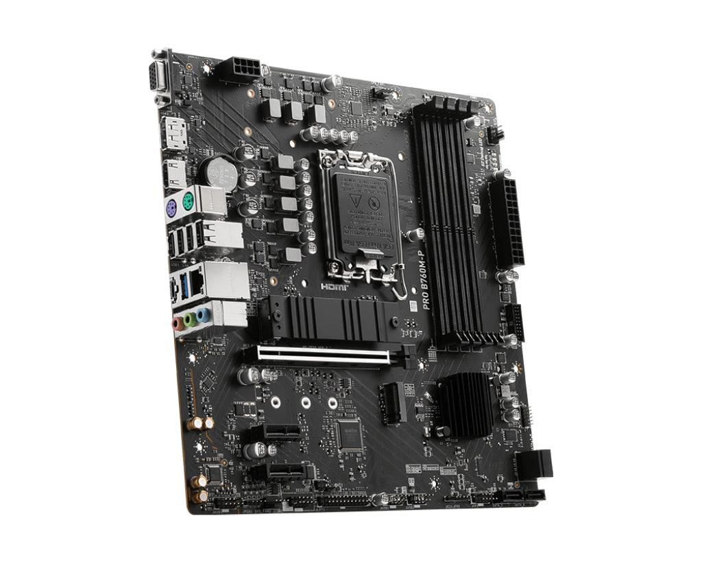 MSI mATX | Intel B760 | LGA 1700 | 12th|13th Gen Intel Core|Pentium Gold|Celeron | 4x DDR5 slots | 192GB Max | 2 x M.2 2280|2260|2242 | 4 x SATA III | Gigabit Ethernet | HDM 1.4 | DisplayPort 1.4 | VGA | 7.1 HD Audio (PRO B760M-P)