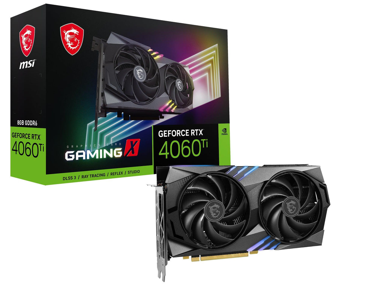 MSI NVIDIA GeForce RTX 4060 Ti | 8GB GDDR6 | 128 bit | PCI Express 4.0 | 1 x HDMI (2.1a) | 3 x DP (1.4a) | CUDA | DirectX 12 Ultimate | OpenGL 4.6 | 160W (GEFORCE RTX 4060 TI GAMING X 8G)