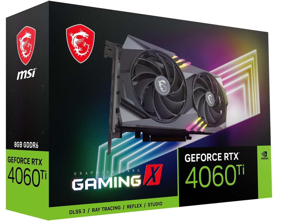 MSI NVIDIA GeForce RTX 4060 Ti | 8GB GDDR6 | 128 bit | PCI Express 4.0 | 1 x HDMI (2.1a) | 3 x DP (1.4a) | CUDA | DirectX 12 Ultimate | OpenGL 4.6 | 160W (GEFORCE RTX 4060 TI GAMING X 8G)