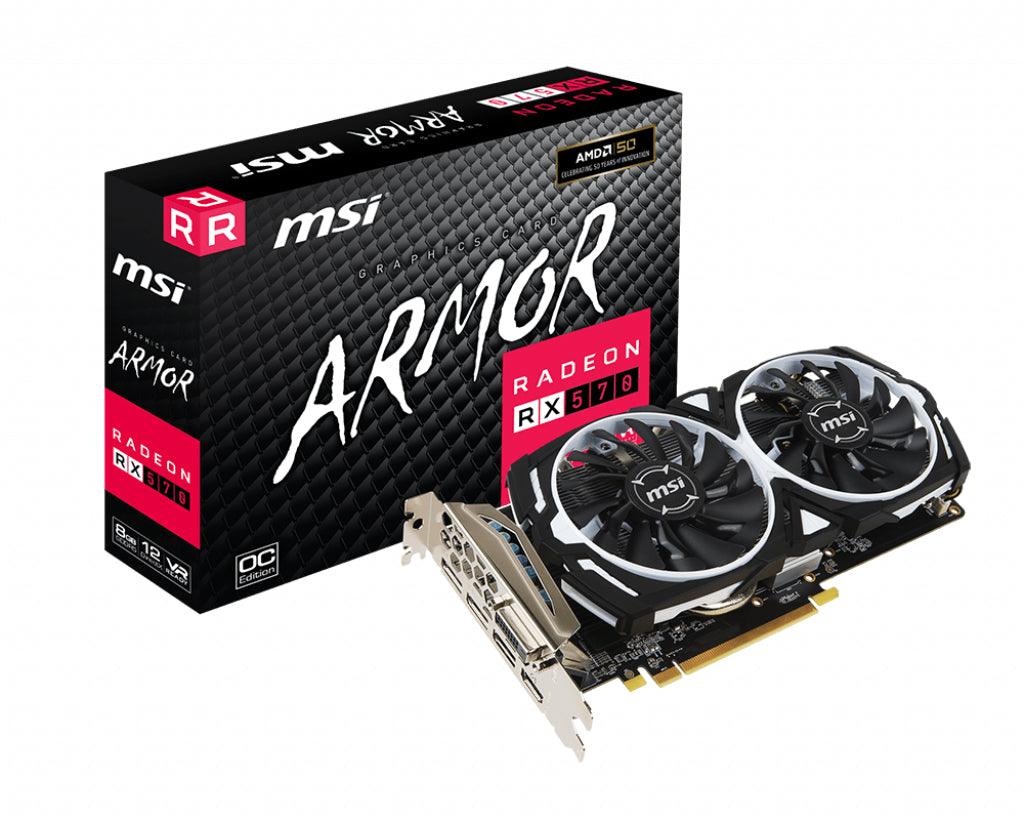 MSI Radeon RX 570 | 1268 MHz | 8GB GDDR5 | 256-bit | DisplayPort x 3 | DL-DVI-D | 150 W | 246 x 130 x 39 mm | 622 g (RADEON RX570 ARMOR 8G OC)