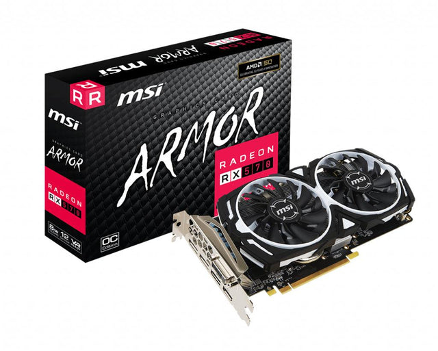 MSI Radeon RX 570 | 1268 MHz | 8GB GDDR5 | 256-bit | DisplayPort x 3 | DL-DVI-D | 150 W | 246 x 130 x 39 mm | 622 g (RADEON RX570 ARMOR 8G OC)
