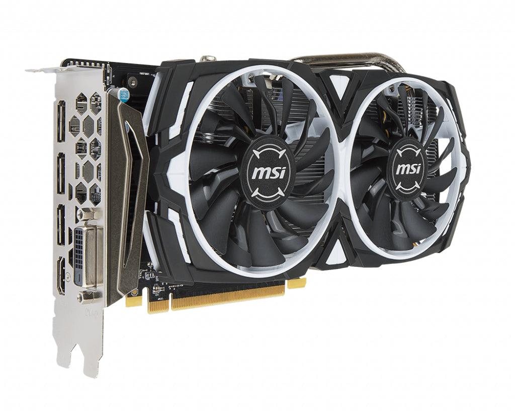 MSI Radeon RX 570 | 1268 MHz | 8GB GDDR5 | 256-bit | DisplayPort x 3 | DL-DVI-D | 150 W | 246 x 130 x 39 mm | 622 g (RADEON RX570 ARMOR 8G OC)