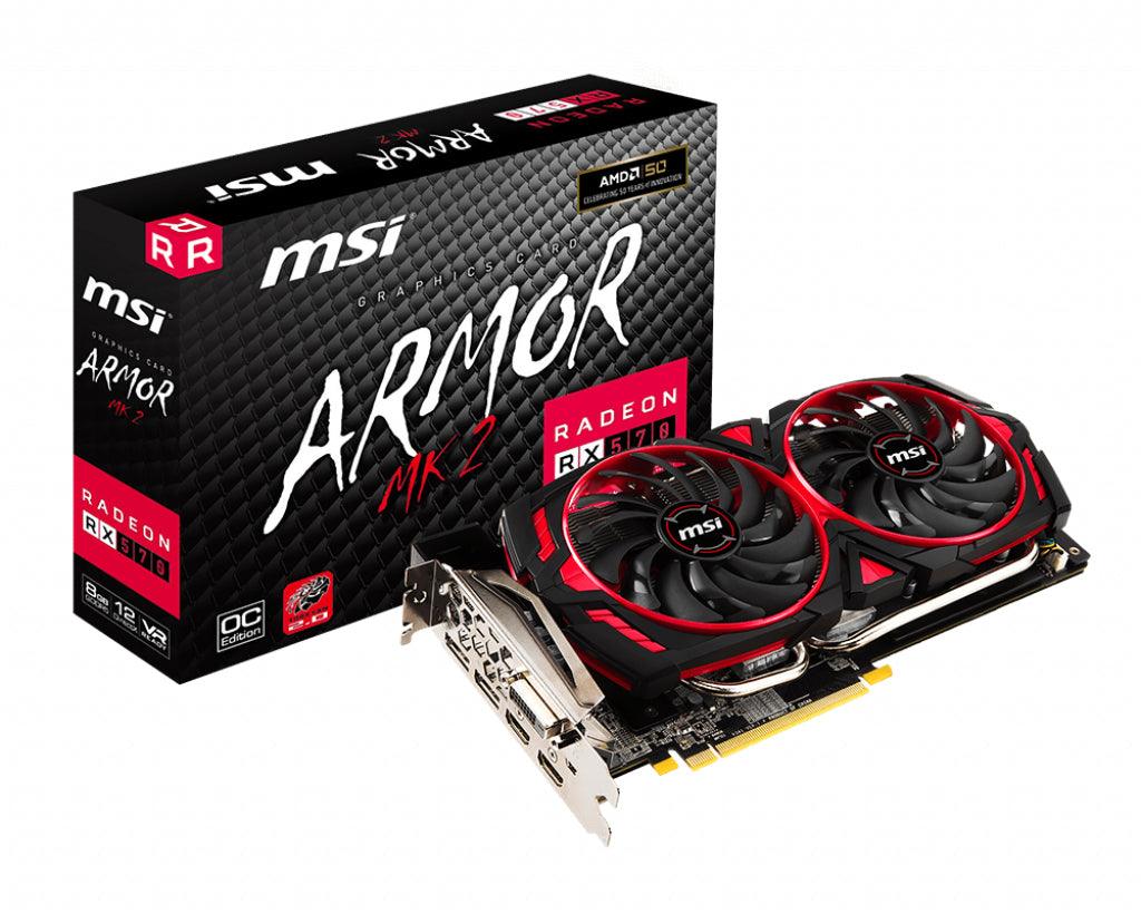 MSI Radeon RX 570 | 8GB GDDR5 | 256-bit | DisplayPort x 2 x 2 | DL-DVI-D | 150 W | 270 x 130 x 40 mm | 892 g (RADEON RX 570 ARMOR MK II 8G OC)