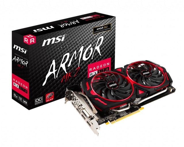 MSI Radeon RX 570 | 8GB GDDR5 | 256-bit | DisplayPort x 2 x 2 | DL-DVI-D | 150 W | 270 x 130 x 40 mm | 892 g (RADEON RX 570 ARMOR MK II 8G OC)