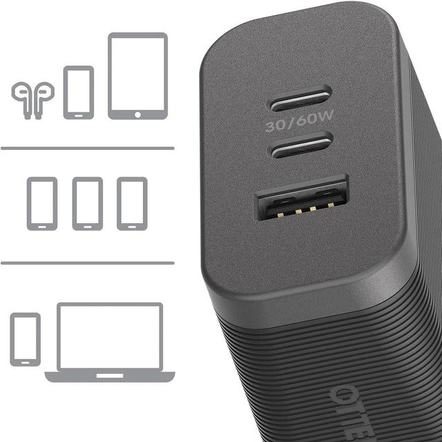 OTTERBOX 72W Triple Port Premium Pro Fast GaN PD Wall Charger - Black (78-81038), 1x USB-A (12W), 2x USB-C 30W (60W Shared), PPS, Travel-Ready, Laptop