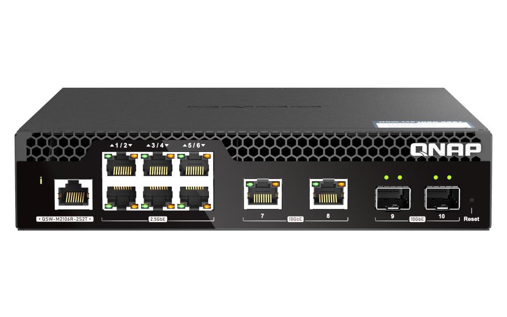 QNAP 6 port 2.5Gbps | 2 ports 10GbE SFP+ | 2 ports 10GbE RJ45 | web managed switch | half-rackmount design | 2 Years WTY (QSW-M2106R-2S2T)