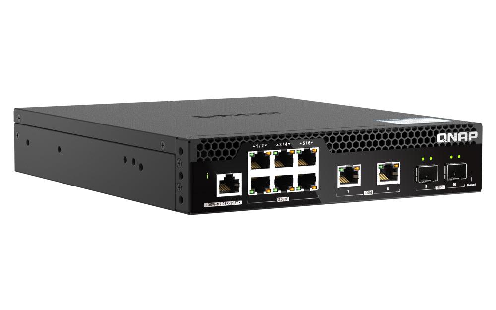 QNAP 6 port 2.5Gbps | 2 ports 10GbE SFP+ | 2 ports 10GbE RJ45 | web managed switch | half-rackmount design | 2 Years WTY (QSW-M2106R-2S2T)