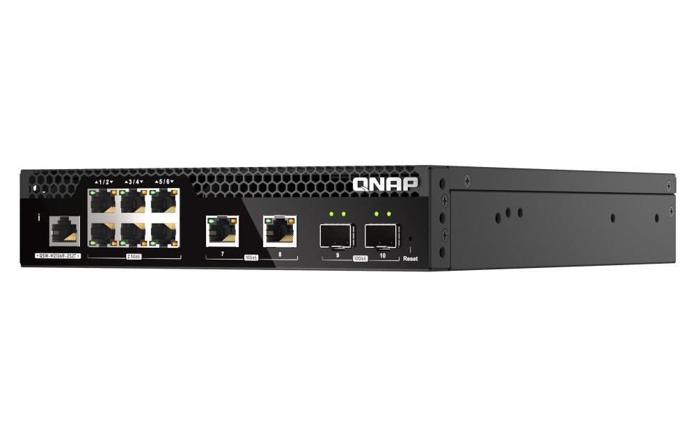QNAP 6 port 2.5Gbps | 2 ports 10GbE SFP+ | 2 ports 10GbE RJ45 | web managed switch | half-rackmount design | 2 Years WTY (QSW-M2106R-2S2T)