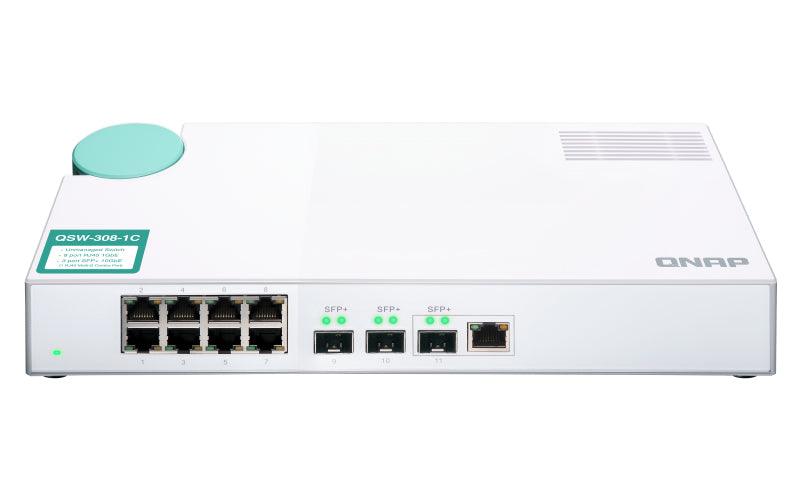 QNAP 8x RJ-45 1GbE | 1x 10GbE SFP+|RJ45 Combo | 2x 10GbE SFP+ | Unmanaged | 100-240 VAC | 50|60 Hz | 0.77 kg (QSW-308-1C)