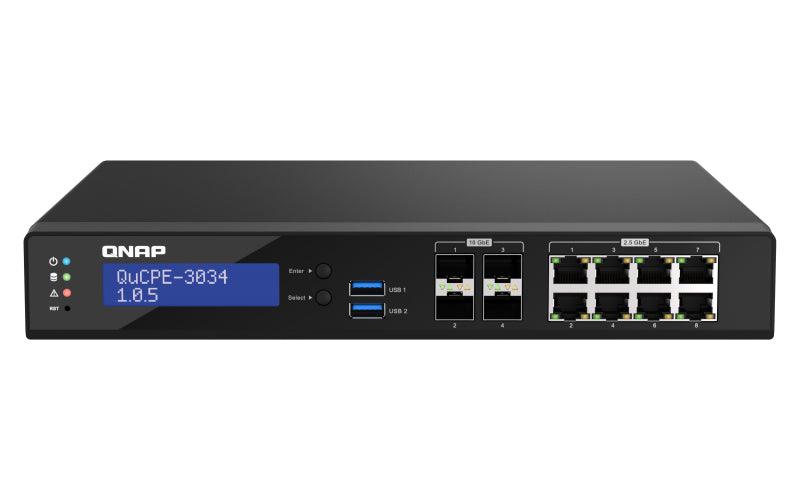 QNAP Intel Atom C3758R 8-core 2.4 GHz | 16GB DDR4 2400MHz Non-ECC UDIMM | 4 x SFP+ | 8 x RJ-45 | 2 x M.2 | USB (QUCPE-3034-C3758R-16G)