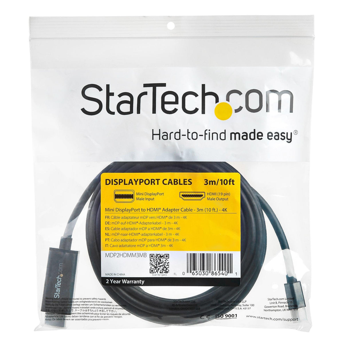 STARTECH 10ft (3m) Mini DisplayPort to HDMI Cable - 4K 30Hz Video - mDP to HDMI Adapter Cable - Mini DP or Thunderbolt 1|2 Mac|PC to HDMI Monitor|Display - mDP to HDMI Converter Cord (MDP2HDMM3MB) (MDP2HDMM3MB)