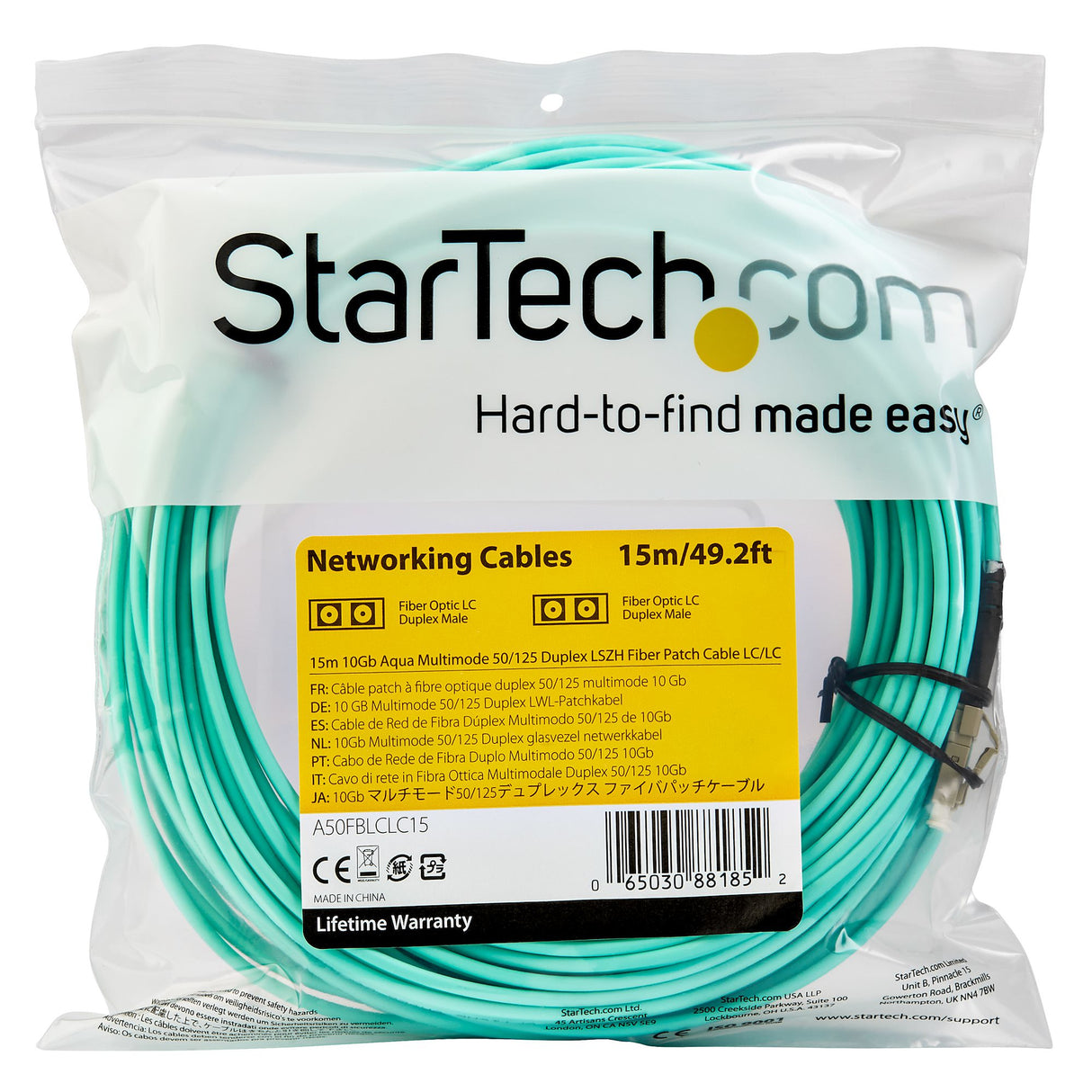 STARTECH 15m (50ft) LC|UPC to LC|UPC OM3 Multimode Fiber Optic Cable | Full Duplex 50|125µm Zipcord | 100G Networks | LOMMF|VCSEL | Below 0.3dB Insertion Loss | LSZH Fiber Patch Cord (A50FBLCLC15) (A50FBLCLC15)