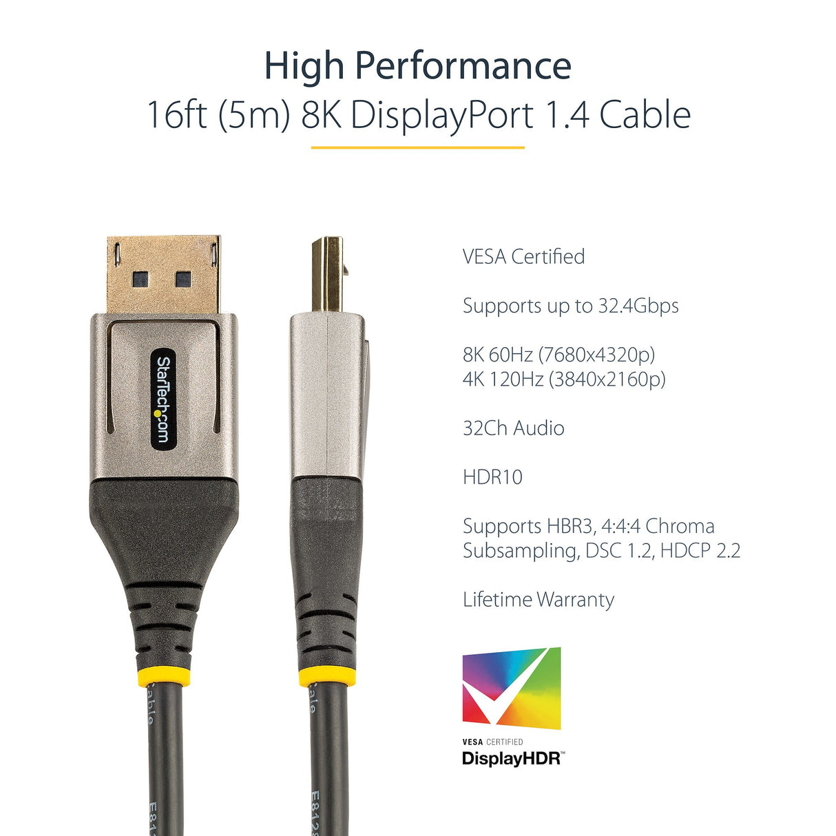 STARTECH 16ft (5m) VESA Certified DisplayPort 1.4 Cable - 8K 60Hz HDR10 - Ultra HD 4K 120Hz Video - DP 1.4 Cable | Cord - For Monitors|Displays - DisplayPort to DisplayPort Cable - M|M (DP14VMM5M) (DP14VMM5M)