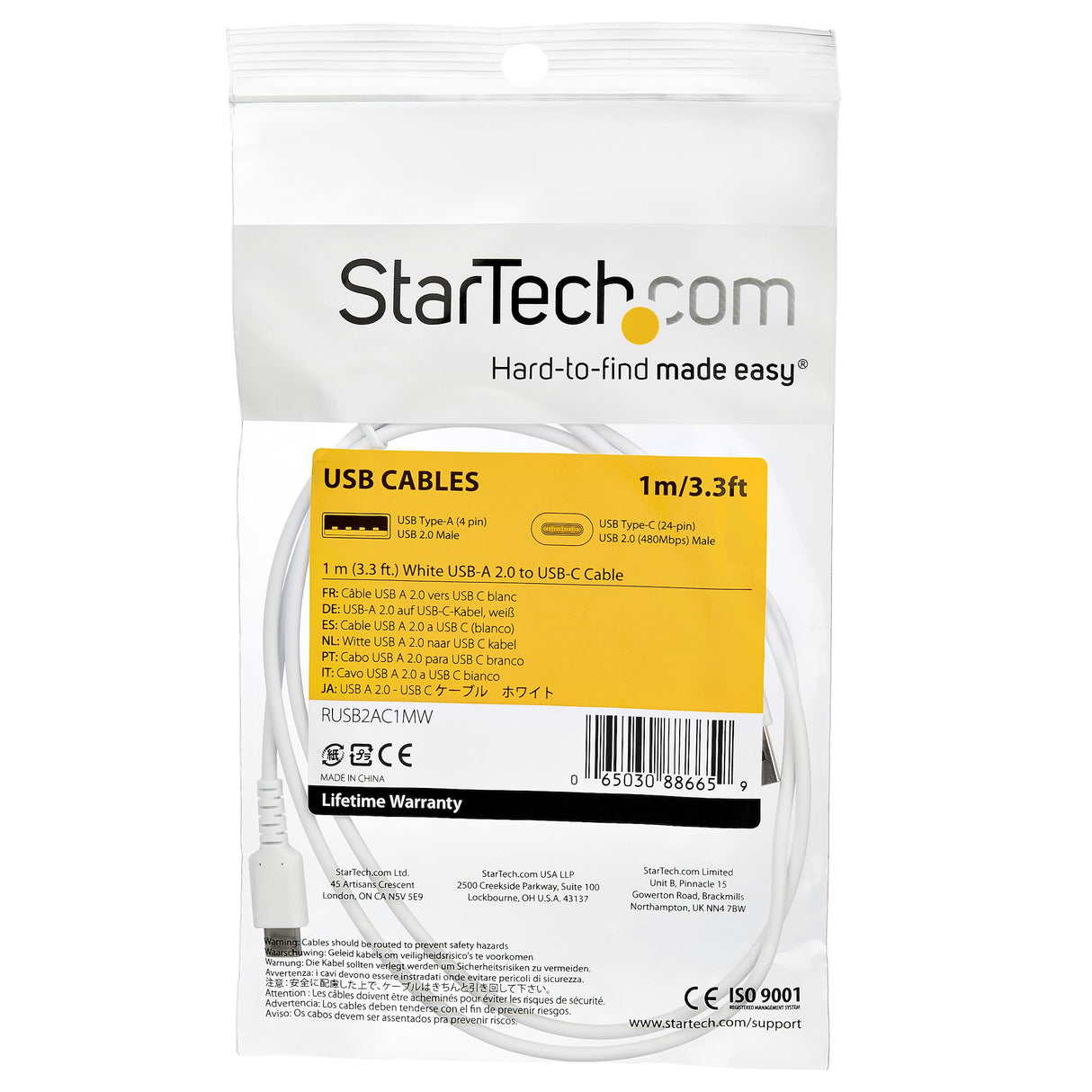 STARTECH 1m USB A to USB C Charging Cable - Durable Fast Charge & Sync USB 2.0 to USB Type C Data Cord - Rugged TPE Jacket Aramid Fiber M|M 3A White - S10 | iPad Pro | Pixel (RUSB2AC1MW) (RUSB2AC1MW)
