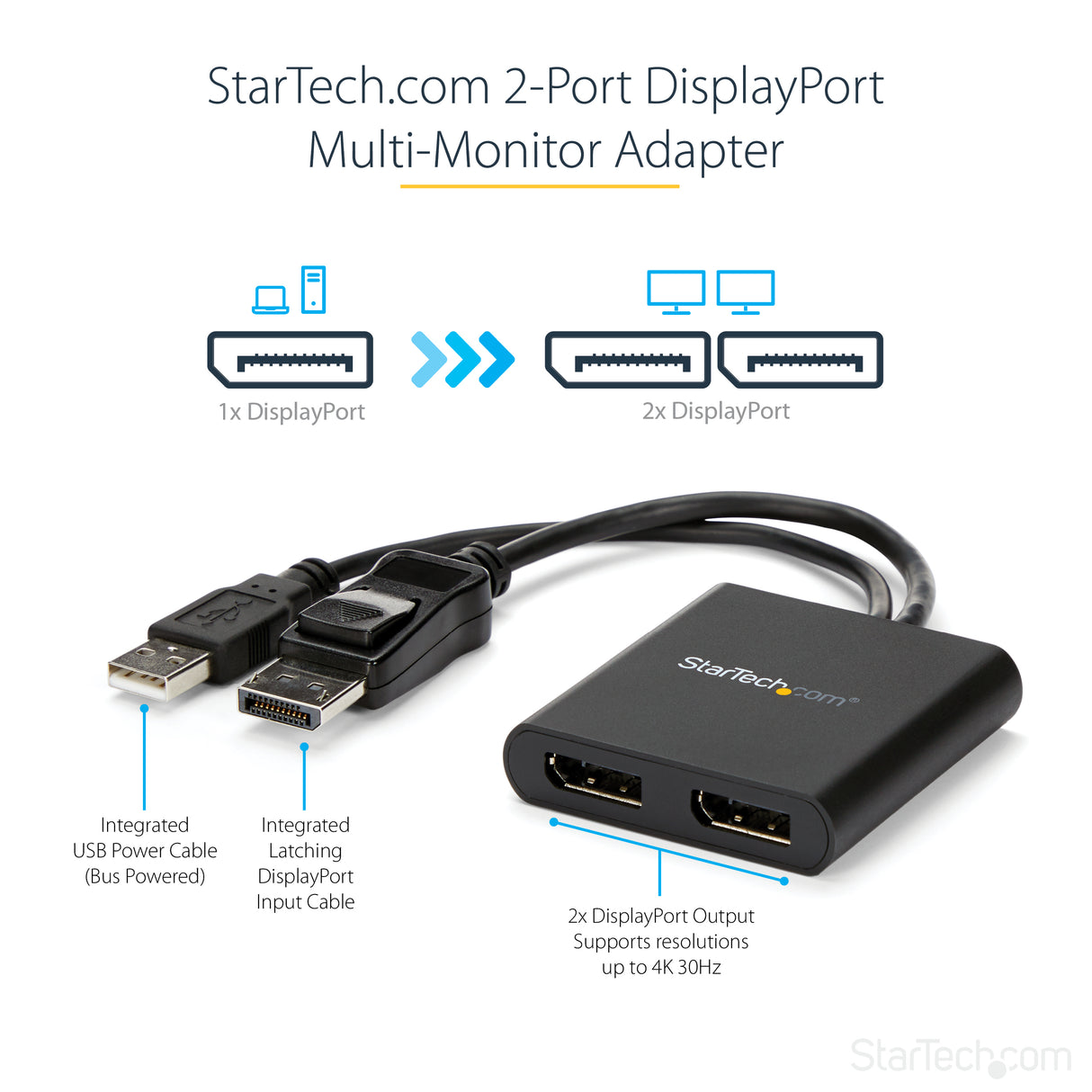 STARTECH 2-Port Multi Monitor Adapter - DisplayPort 1.2 MST Hub - Dual 4K 30Hz or 1080p - USB Bus Powered - Video Splitter for Extended Desktop Mode on Windows PCs Only - DP to 2x DP (MSTDP122DP) (MSTDP122DP)