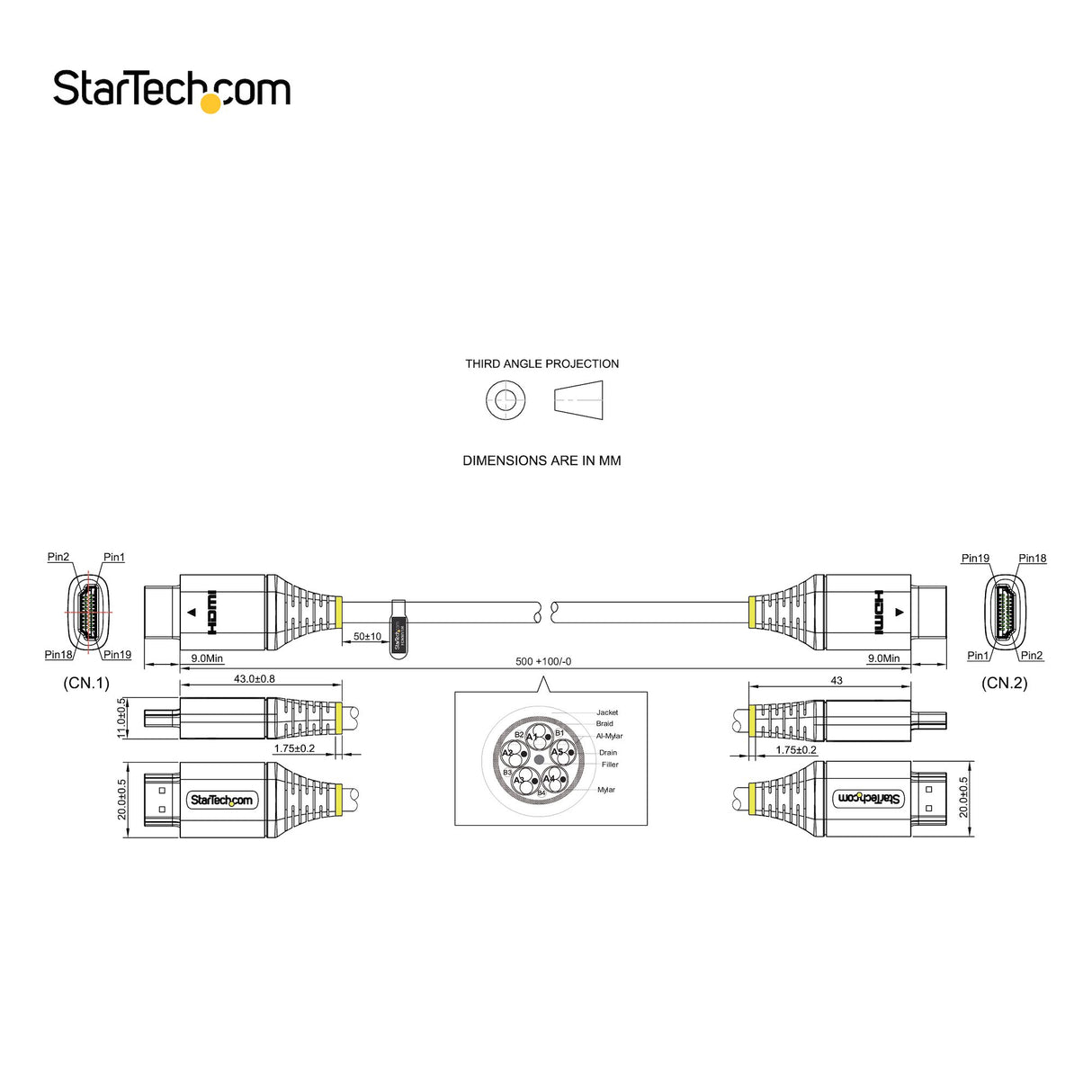 STARTECH 20in (0.5m) Premium Certified HDMI 2.0 Cable - High-Speed Ultra HD 4K 60Hz HDMI Cable with Ethernet - HDR10 | ARC - UHD HDMI Video Cord - For UHD Monitors | TVs | Displays - M|M (HDMMV50CM) (HDMMV50CM)