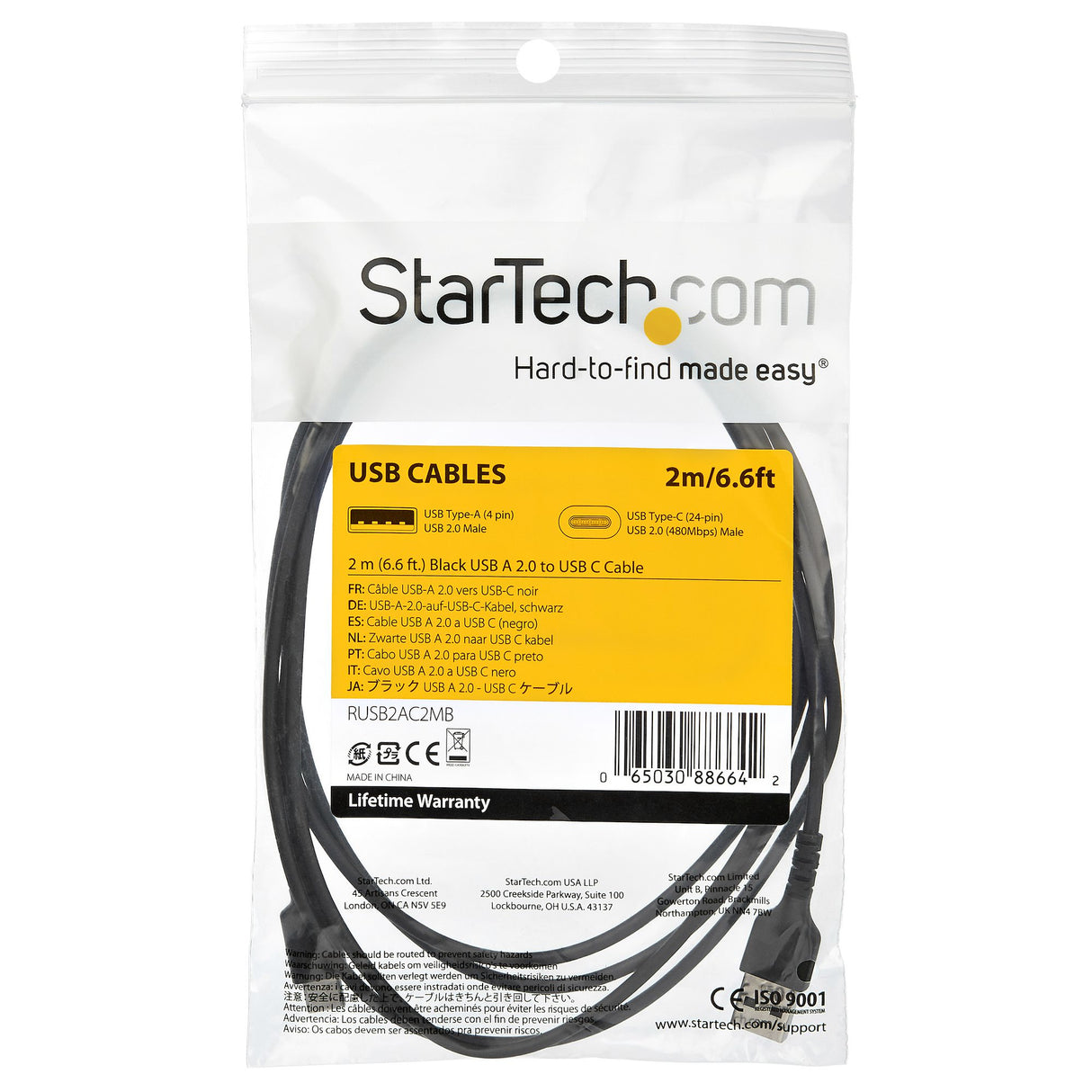STARTECH 2m USB A to USB C Charging Cable - Durable Fast Charge & Sync USB 2.0 to USB Type C Data Cord - Rugged TPE Jacket Aramid Fiber M|M 3A Black - S10 | iPad Pro | Pixel (RUSB2AC2MB) (RUSB2AC2MB)