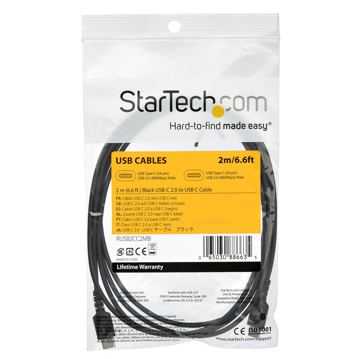 STARTECH 2m USB C Charging Cable - Durable Fast Charge & Sync USB 2.0 Type C to USB C Laptop Charger Cord - TPE Jacket Aramid Fiber M|M 60W Black - S10 S20 iPad Pro MS Surface (RUSB2AC2MB) (RUSB2CC2MB)