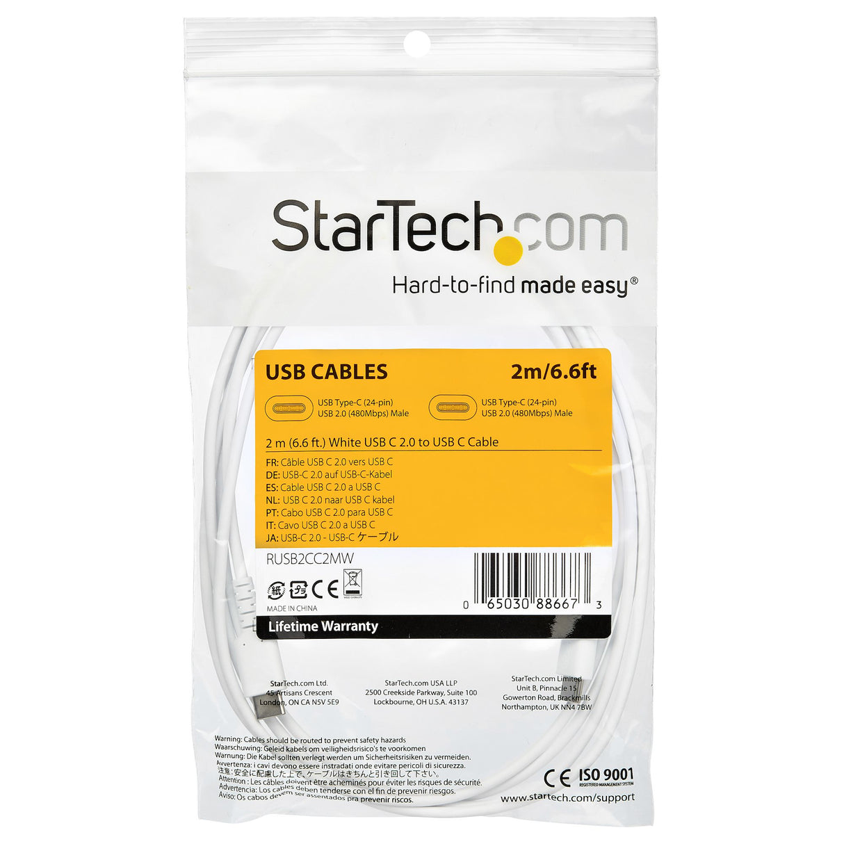 STARTECH 2m USB C Charging Cable - Durable Fast Charge & Sync USB 2.0 Type C to USB C Laptop Charger Cord - TPE Jacket Aramid Fiber M|M 60W White - S10 S20 iPad Pro MS Surface (RUSB2AC2MW) (RUSB2CC2MW)