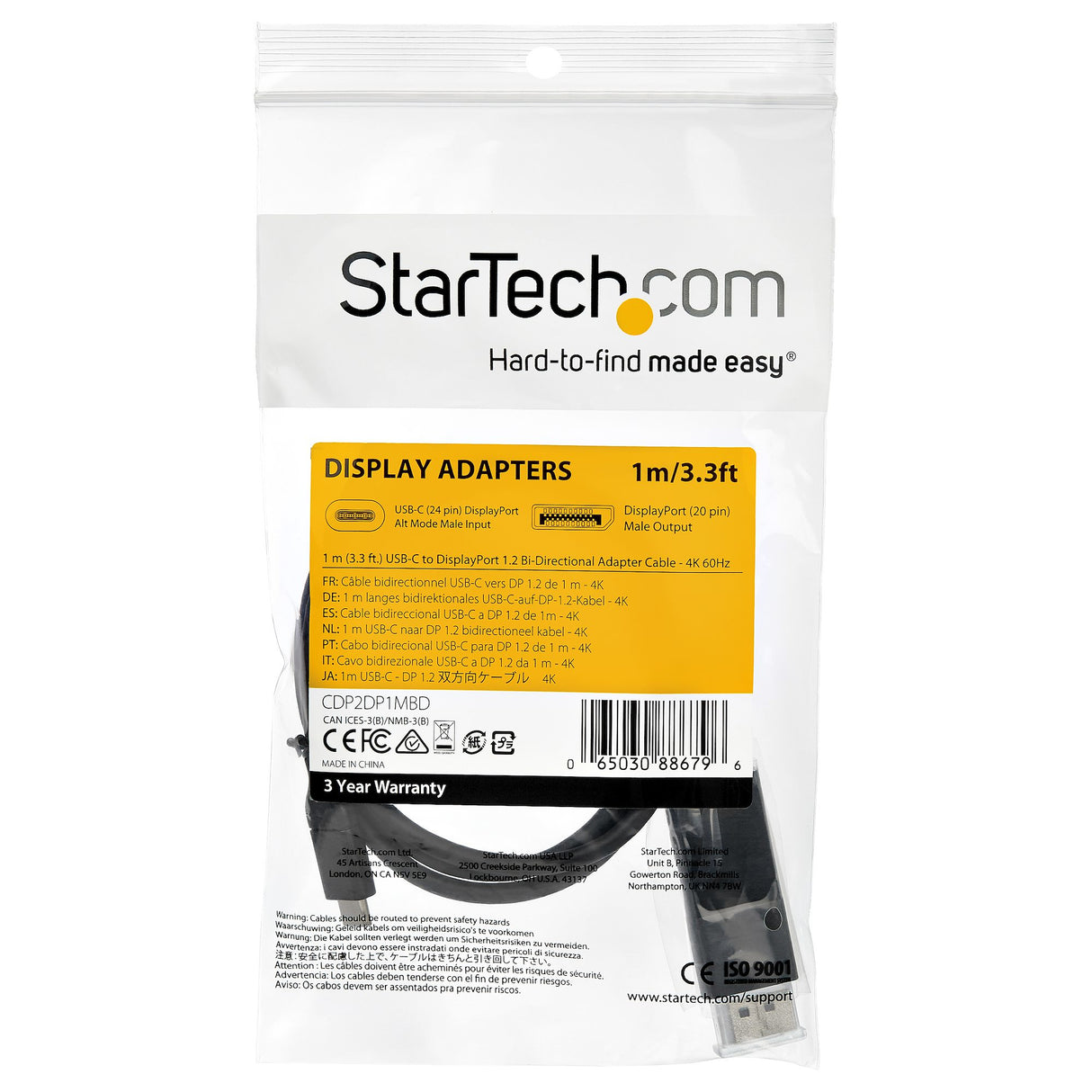 STARTECH 3.3ft (1m) USB C to DisplayPort 1.2 Cable 4K 60Hz - Bidirectional DP to USB-C or USB-C to DP Reversible Video Adapter Cable - HBR2|HDR - USB Type C|TB3 Monitor Cable (CDP2DP1MBD) (CDP2DP1MBD)