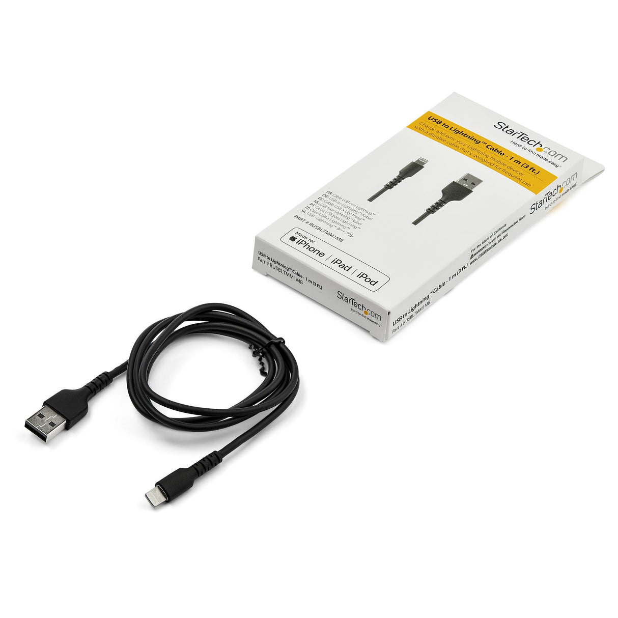 STARTECH 3 foot (1m) Durable Black USB-A to Lightning Cable - Heavy Duty Rugged Aramid Fiber USB Type A to Lightning Charger|Sync Power Cord - Apple MFi Certified iPad|iPhone 12 (RUSBLTMM1MB) (RUSBLTMM1MB)